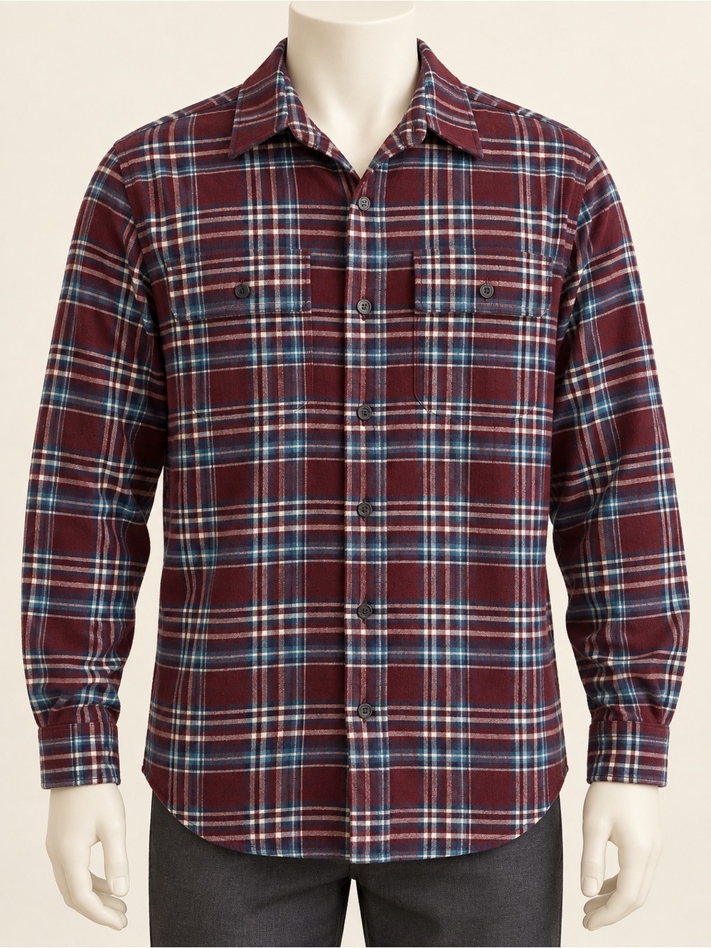 L.L.Bean Chamois Cloth Shirt Men’s Large Burgundy Plaid Traditional Fit